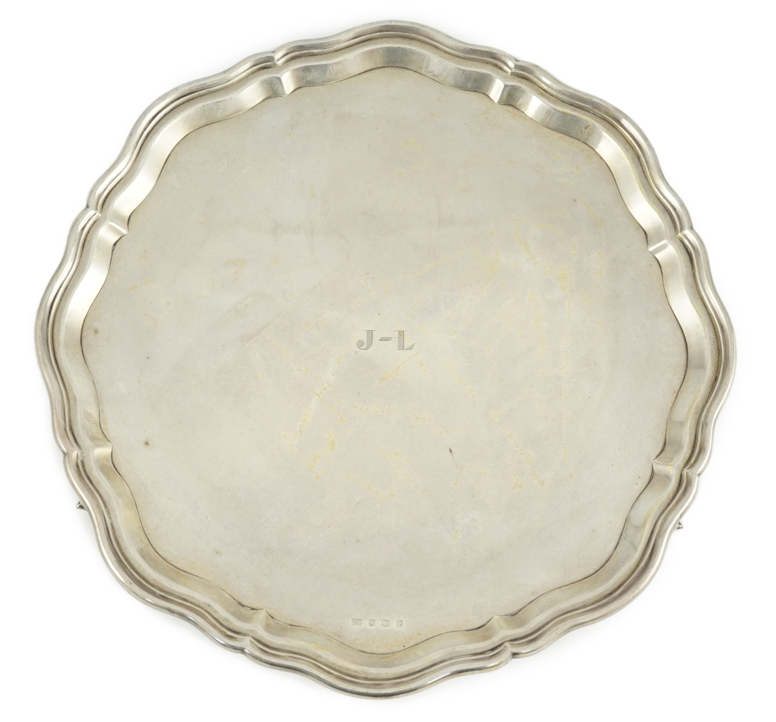 A George V shaped circular silver salver by Viners Ltd